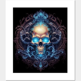 Skull on Blue Fire: Baroque Vintage Ornament Background Posters and Art